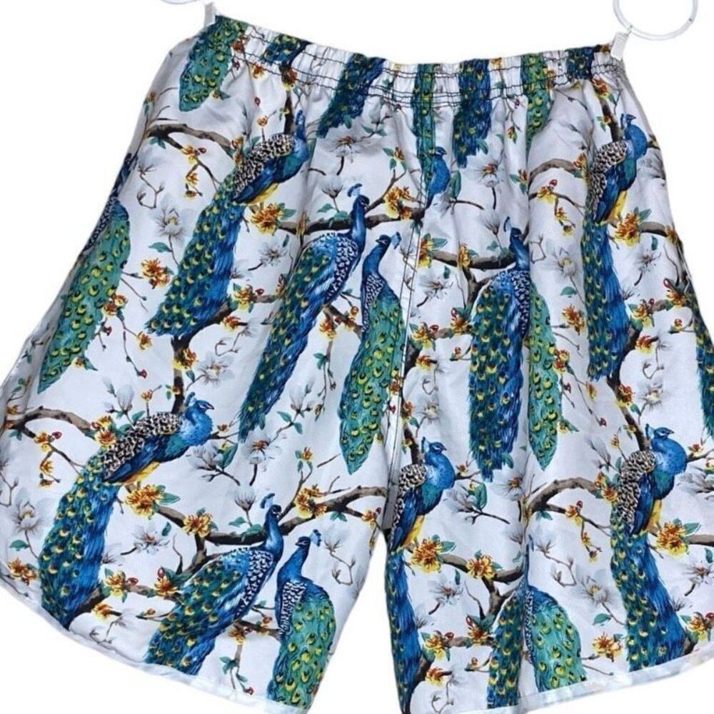 Peacock Print Swim Trunks Shorts Tropical Resort Statement White Men M